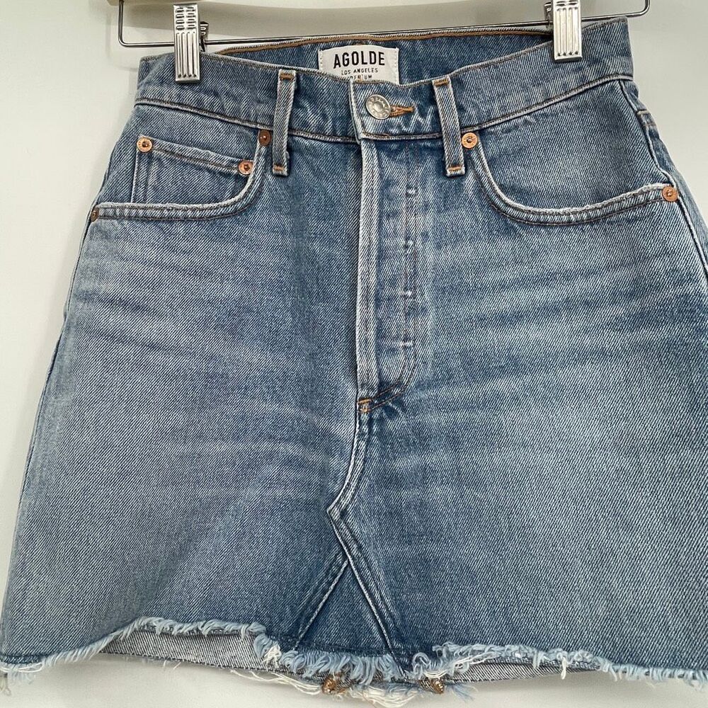 Agolde Blue Button Fly Distressed Hem Quinn High Rise Denim Mini Skirt Size 24